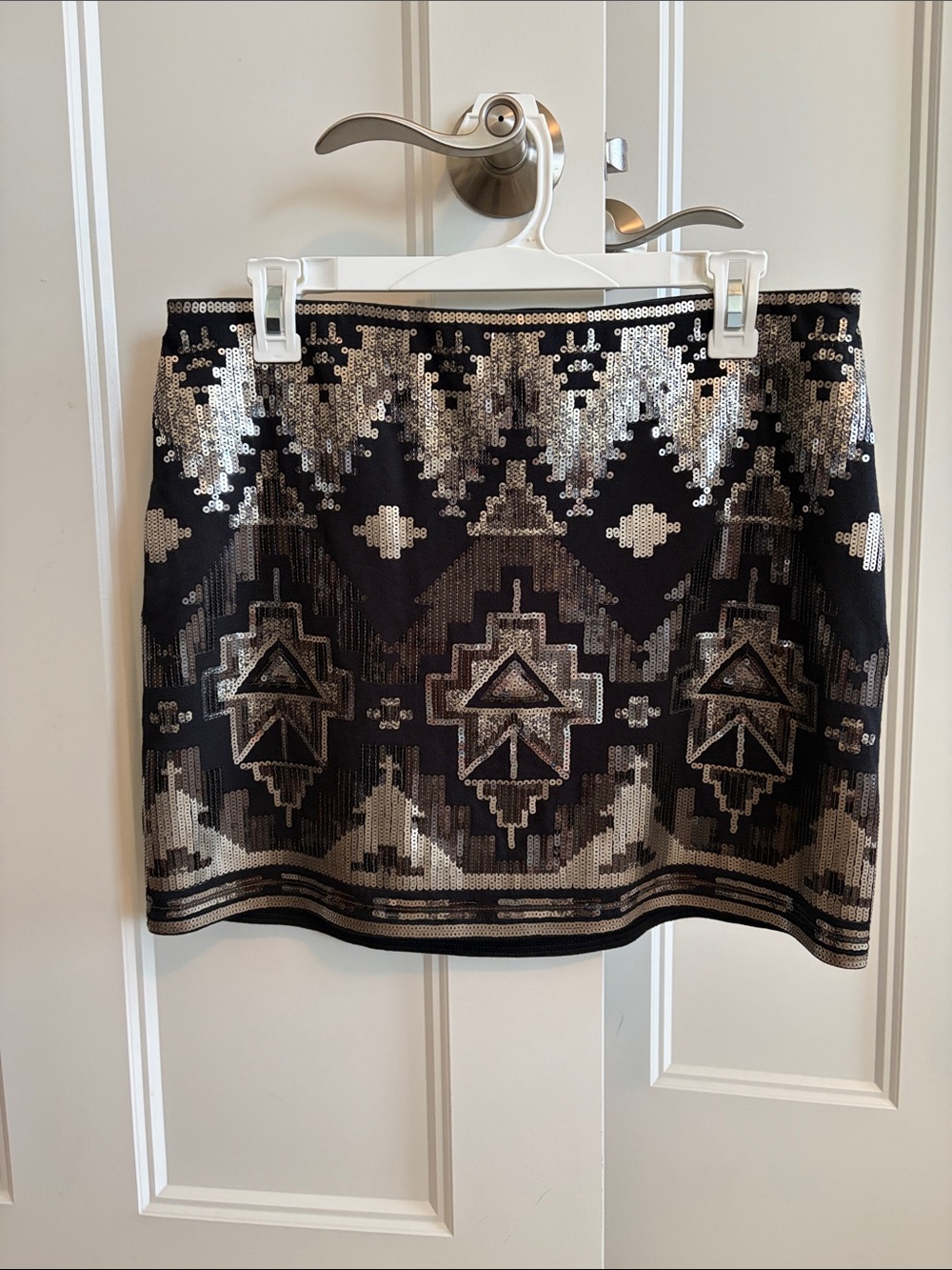 Express Black & Silver Sequin Aztec Mini Skirt